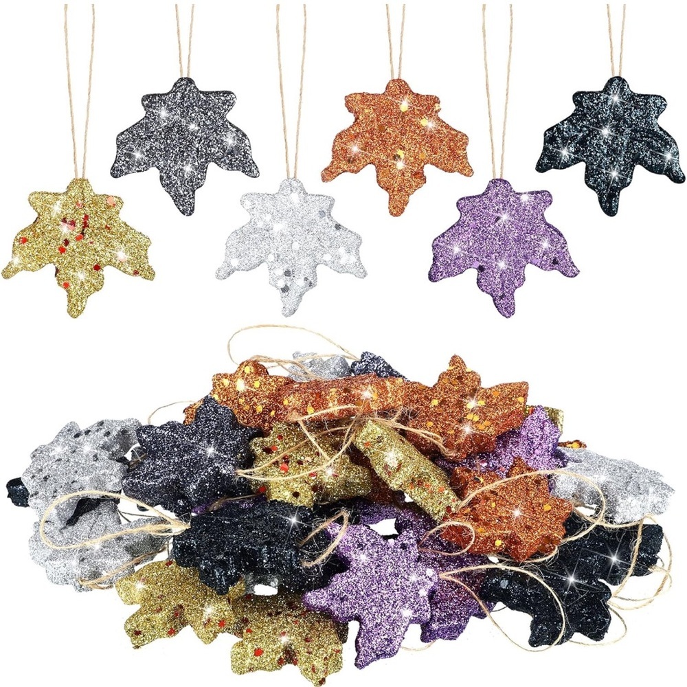 Glittering Leaf Holiday Ornaments Set - Gold, Silver, Purple, Black
